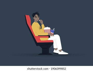 Young male Black character eating snacks and watching a movie at the cinema, entertainment concept
