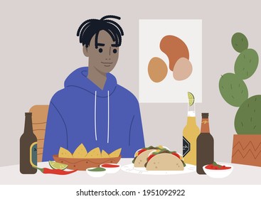 A young male Black character having dinner in a Mexican restaurant with traditional food