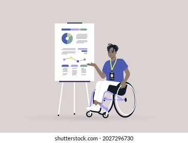 A young male Black character on a wheelchair presenting the infographics on a flip chart at the weekly office report meeting