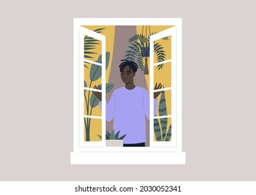 A young male Black character opening the window, morning rituals, daily lifestyle, house plants