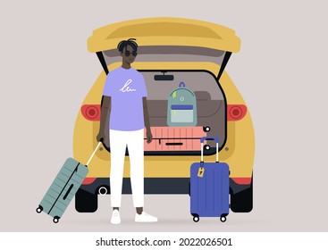 A young male Black character packing suitcases in a car trunk, summer break road trip, vacation lifestyle