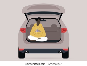 A young male Black character sitting in a car trunk with their legs crossed, millennial lifestyle