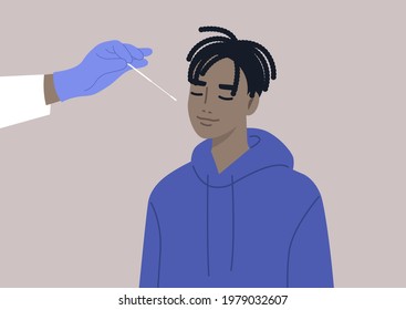 A young male Black character takes a medical covid-19 PCR test, a hand in a protective glove holding a cotton swab