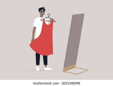 A young male Black character trying a dress in a fitting room, fashion industry, and gender identity