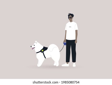 A young male Black character walking with their samoyed fluffy dog, modern urban lifestyle