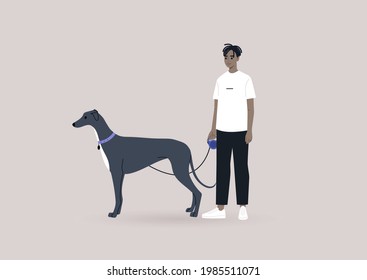 A young male Black character walking with a graceful black greyhound dog on a leash, modern urban lifestyle