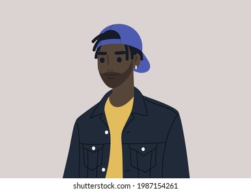 A young male Black character waring a cap backwards, modern African American culture