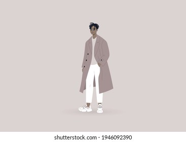 A young male Black character wearing an oversize trench coat and big sneakers, a modern street style concept