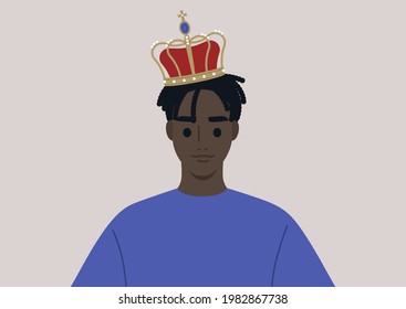 A Young Male Black Character Wearing A Vintage Golden Crown With Pearls And Velvet, A Royal Family Theme