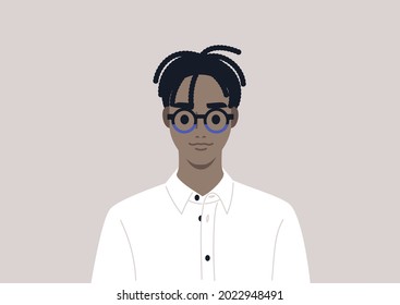 A young male Black character wearing fancy eyeglasses and a white button up shirt, office smart casual lifestyle