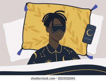 A young male Black character wearing a night mask and silk pajamas in bed, a mobile phone on silent mode next to them on a pillow