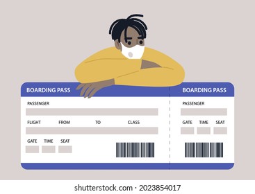 A young male Black character wearing a face mask and leaning on a boarding pass image, coronavirus travel restrictions concept