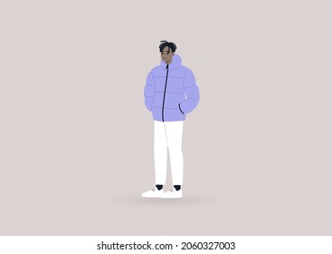 A young male Black character wearing a winter puffer down jacket, modern lifestyle
