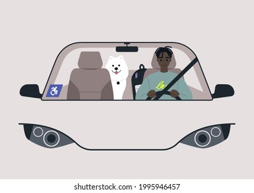 A young male Black physically impaired character driving a car, a blue wheelchair parking permit sticker on a windshield