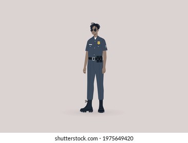 A young male Black police officer on duty wearing a uniform and sunglasses