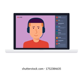 Young male blogger holding a live streaming online event, vector illustration