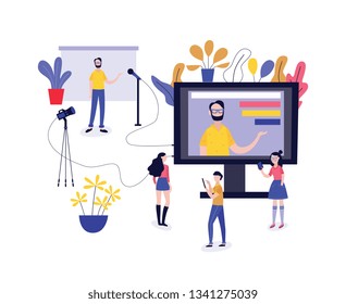 Young male blogger recording or streaming with camera online video and his followers watching vlog on different devices isolated on white background - flat vector illustration of vlogger.