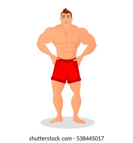 Young male bodybuilder in red shorts. Vector illustration in cartoon style flat on a white background. The guy with the heavily inflated muscles flexed elbows and keep them on the belt
