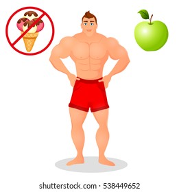 Young male bodybuilder in red shorts. Vector illustration in cartoon style flat on a white background. Comparison of useful and harmful food on the example of ice cream and apple.
