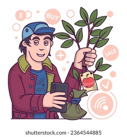 Young male bout small apple tree via smartphone. Buying plants for planting in garden. Flat vector illustration in cartoon style in blue and red colors
