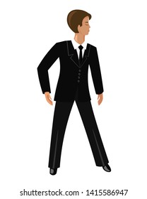A young male businessman in a black strict suit, white shirt and tie stands in full growth on a white background. Vector flat cartoon illustration.