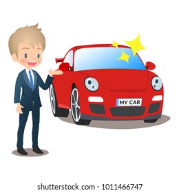 The young male businessman dressed in the suit sells a car