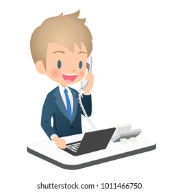 The young male businessman dressed in the suit calls and copes