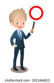 The young male businessman dressed in the suit has the signboard of the circle mark