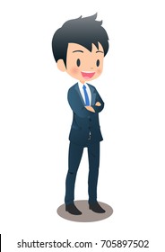 The young male businessman dressed in the suit crosses an arm