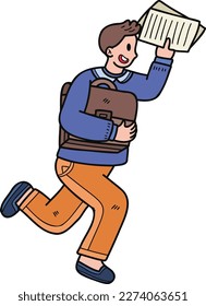 Young male businessman running to success illustration in doodle style isolated on background
