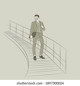 Young male businessman standing on stairs in mask with laptop. Quarantine and work, career. Vector illustration
