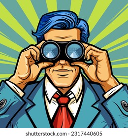 Young male businessman in a suit looks out through binoculars for competitors and new horizons, vector illustration in comic vintage style