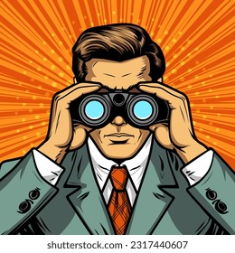 Young male businessman in a suit looks out through binoculars for competitors and new horizons, vector illustration in comic vintage style