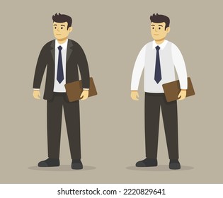 Jóvenes hombres de negocios o gerentes con carpeta de archivos. Hombre con traje de negocios o camisa con corbata azul. Plantilla de ilustración vectorial plana. 