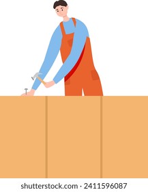 Young male carpenter hammering a nail into wooden board. Worker in overalls doing carpentry work. Handyman and DIY home improvement vector illustration.
