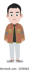 Young male cartoon character in brown jacket