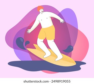 Young male cartoon character surfing. Man in swimming trunks on surfboard having fun flat vector illustration. Summer activities, traveling, hobby concept