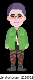 young male cartoon character wearing glasses and spotted trousers