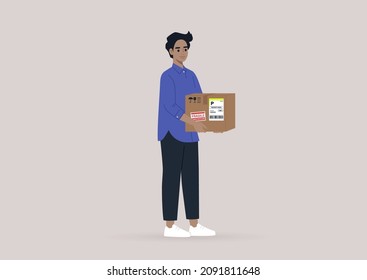 A young male Caucasian character holding a cardboard box with stickers and labels on it, a courier service, post box delivery
