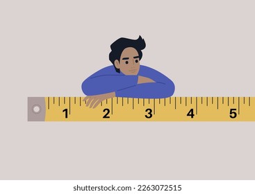 A young male Caucasian character leaning on a tape ruler, construction industry, precise measurements