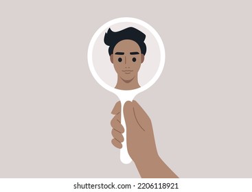 A young male Caucasian character looking at their reflection in the mirror, self love and confidence