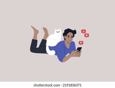 A young male Caucasian character lying on their stomach and checking their mobile phone notifications, a cat sitting on their back