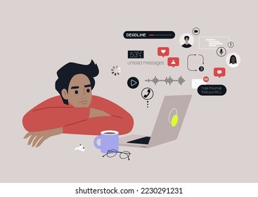 A young male Caucasian character ovewhelmed with online notifications, messages, calls, emails, social media reactions, and other digital activities