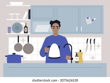 A young male Caucasian character pouring water into the kettle, daily routine, a kitchen scene