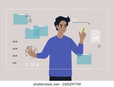 A young male Caucasian character researching an augmented reality workplace with folders and files on it, a transparent futuristic screen