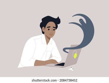 A young male Caucasian character suffering from internet haters, cyberbullying, stress at work
