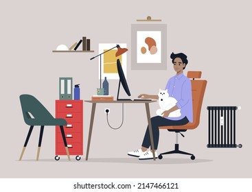 A young male Caucasian character working with a cat on their lap, home office interior