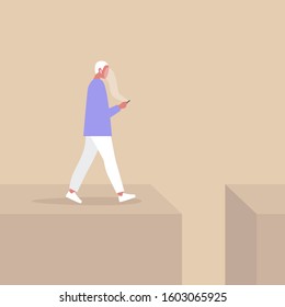 Young male character addicted to smart phone striding to the abyss, nomophobia, millennial lifestyle