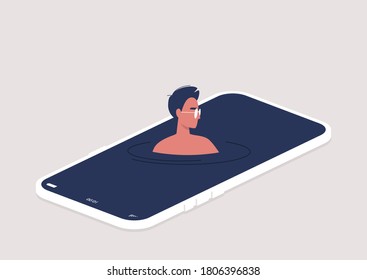 Young male character addicted to social media swimming on their smart phone screen, virtual vacation, digital escape concept