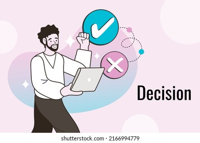 Young male character answering a question, digital template, alternatives. Concept of answering, choosing, decision, selection, Yes or No. Man choosing between two options. vector illustration.